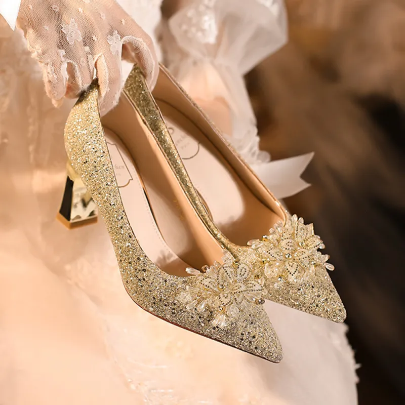 A Poinsettia Princess Chunky Heel High Heels Women's Champagne-4