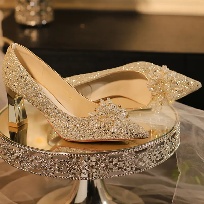 A Poinsettia Princess Chunky Heel High Heels Women's Champagne-3