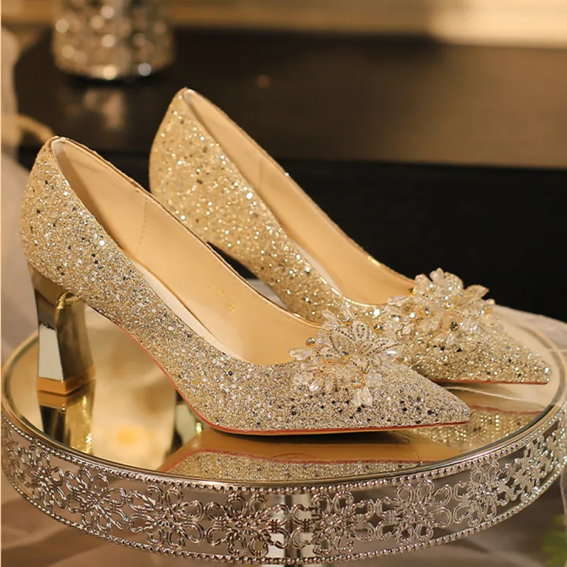 A Poinsettia Princess Chunky Heel High Heels Women's Champagne-2