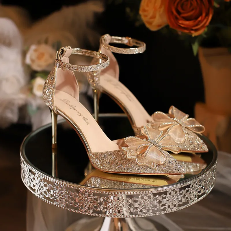 A Poinsettia Princess Slim Heel High Heels Women's Champagne-1