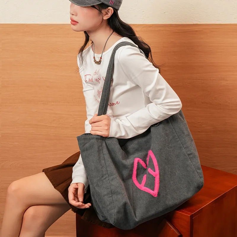 M&G SHOP Cotton Tote Bag, Shoulder Bag Regular Unisex Gray-2