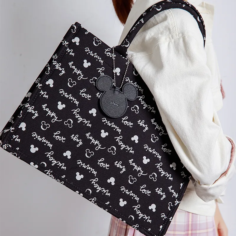 Disney Canvas Canvas Bag Casual Fashion Versatile Korean Style Tote Bag Shopping Bag Handbag Large Size Women's Black-6