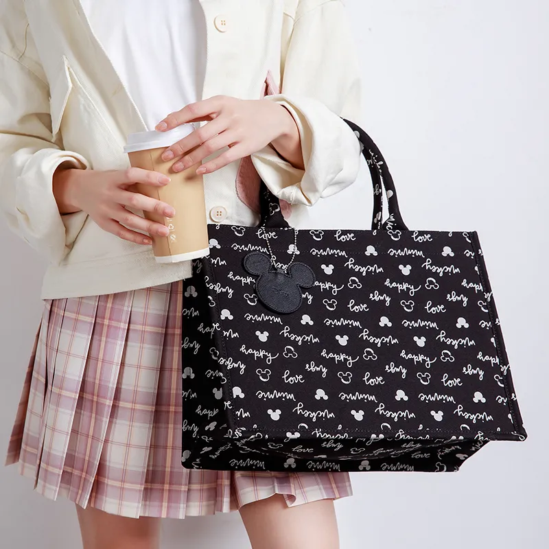 Disney Canvas Canvas Bag Casual Fashion Versatile Korean Style Tote Bag Shopping Bag Handbag Large Size Women's Black-4