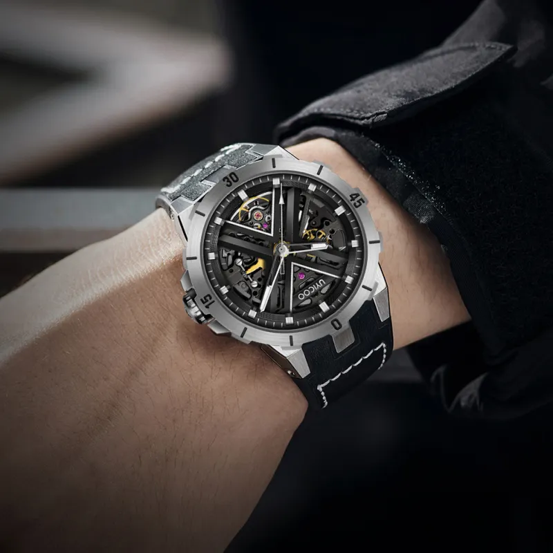 UYICOO Ronia Collection Black Warrior Wrist Watch Automatic Mechanical Movement Silicone Strap 43 Cut Out Dial Unisex-1