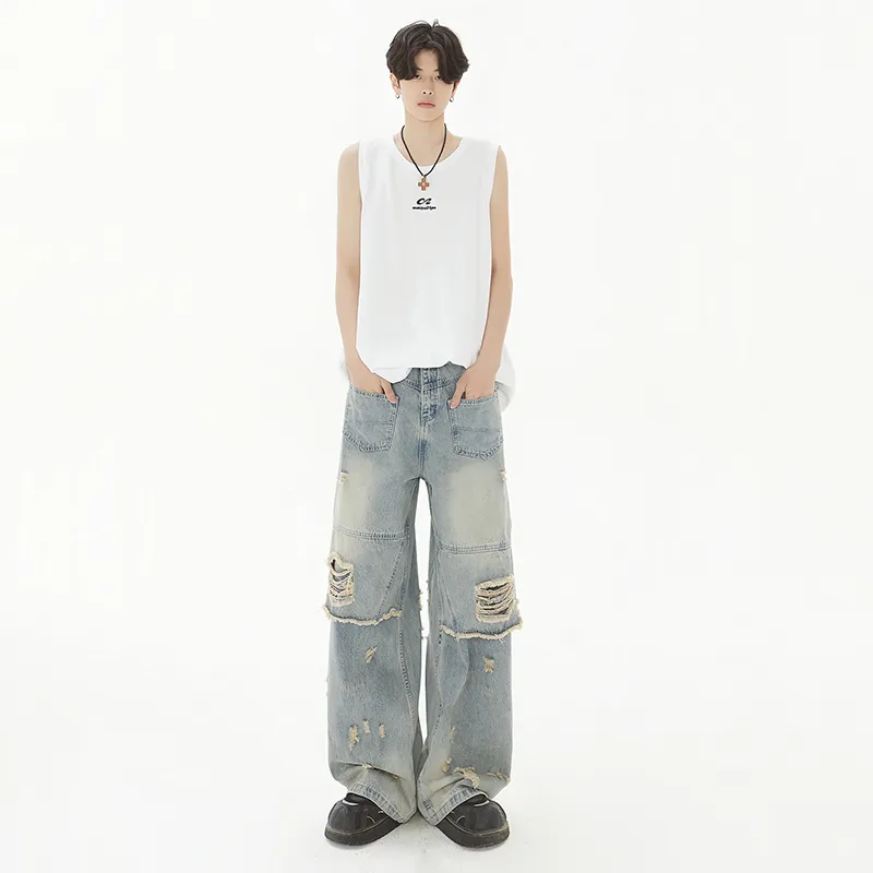 TESTUNG Fashion Versatile Jeans Unisex Vintage Blue Tone-9