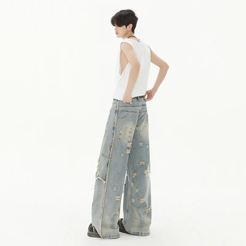 TESTUNG Fashion Versatile Jeans Unisex Vintage Blue Tone-11