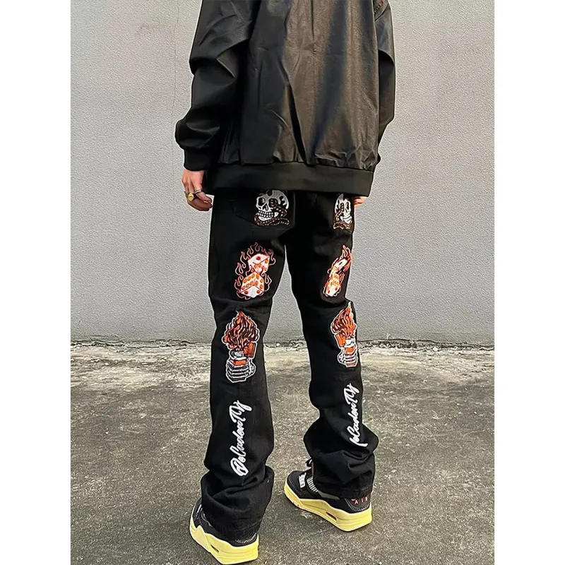 WELTER EXPERIMENT American Luxury Streetwear Hip Hop Style Distressed Funny Pattern Mid Rise Bootcut Jeans Unisex-5