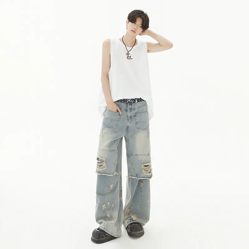 TESTUNG Fashion Versatile Jeans Unisex Vintage Blue Tone-10