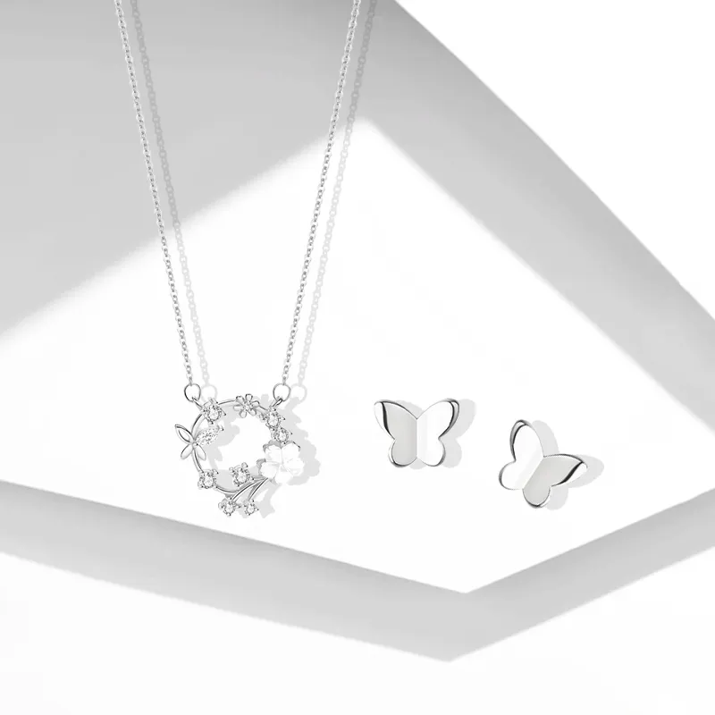 Muyan S925 Silver Cherry Blossom Butterfly Necklace Set Women's-3