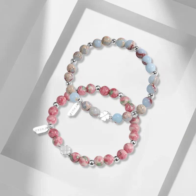 Muyan Shoushan Stone Lucky Four Leaf Clover Beaded Bracelet Women's-4