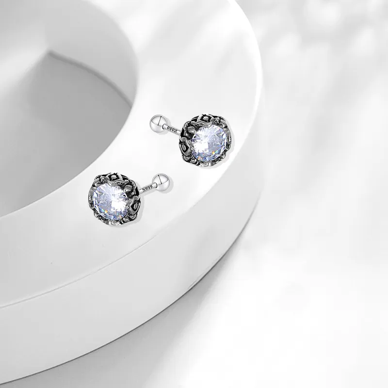 Muyan S999 Fine Silver Crown Round Zircon Stud Earring Men's-6