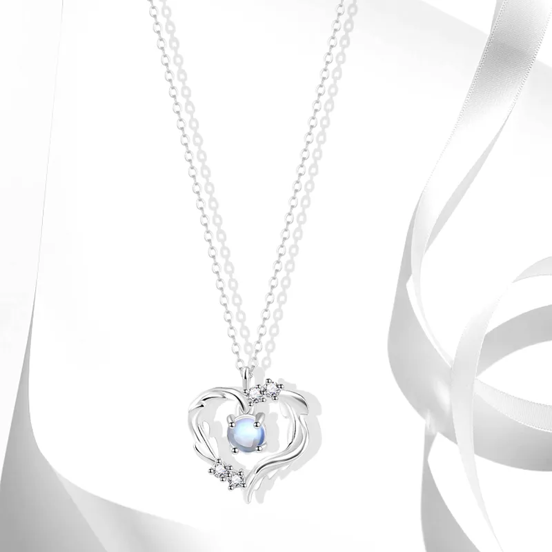 Muyan S999 Fine Silver Heart Feather Necklace Women's-2