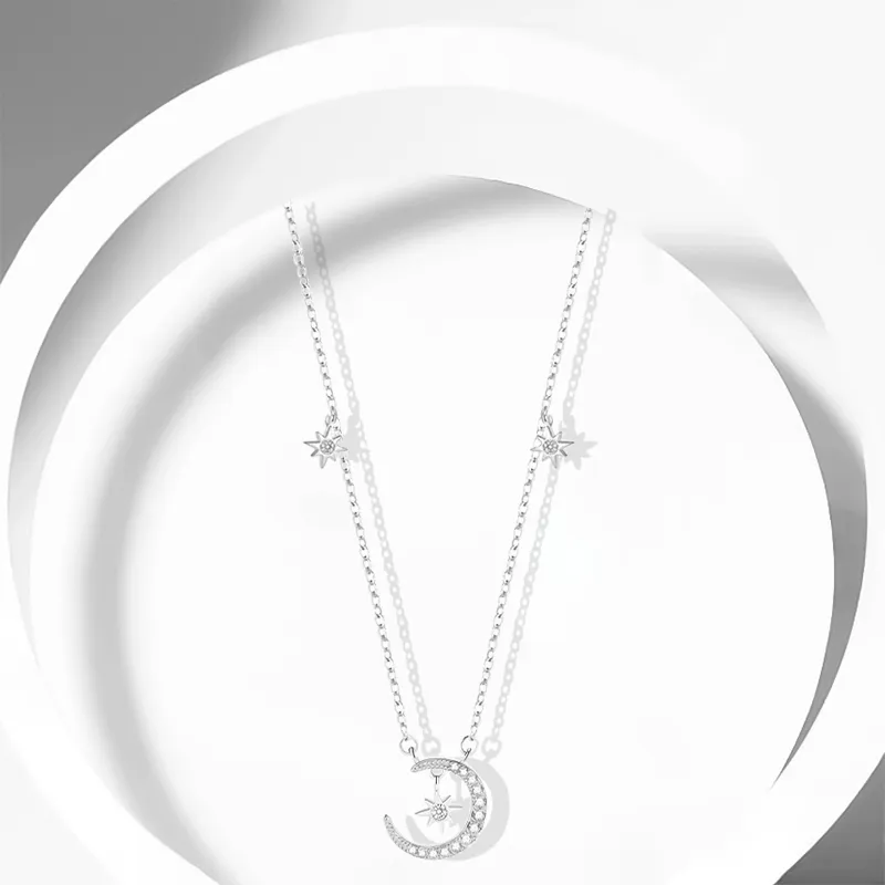 Muyan S999 Fine Silver Sparkling Star Moon Necklace Women's-2