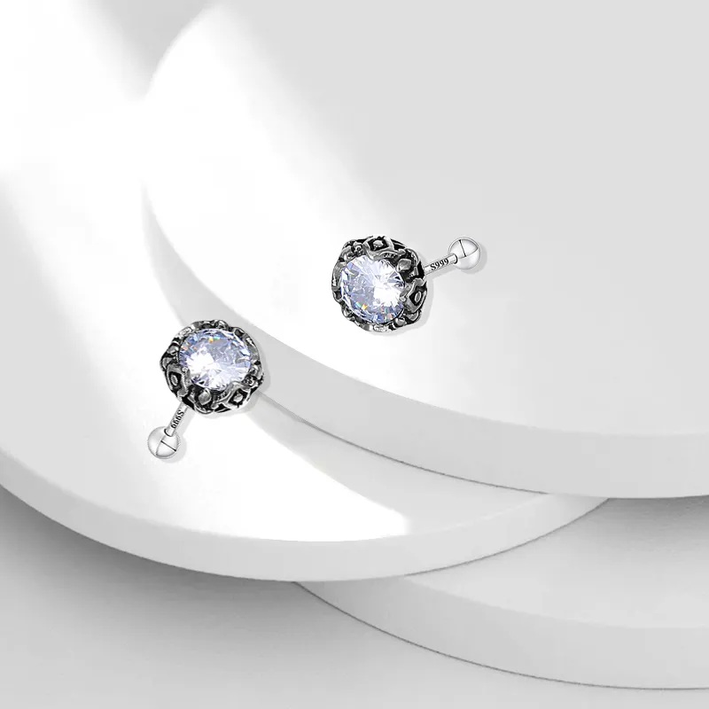 Muyan S999 Fine Silver Crown Round Zircon Stud Earring Men's-5