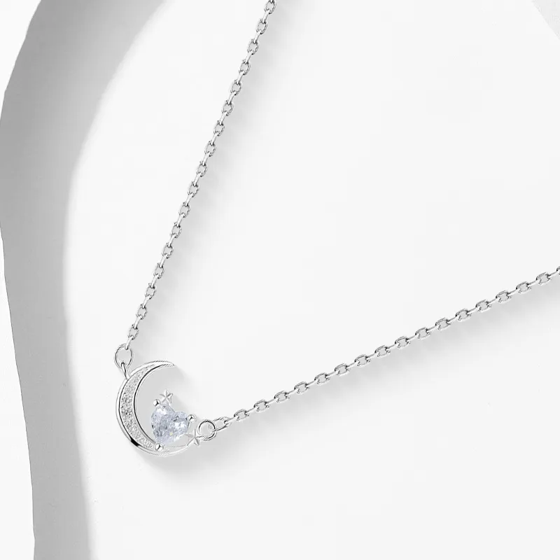 Muyan S999 Fine Silver Star Moon Heart Necklace Women's-2