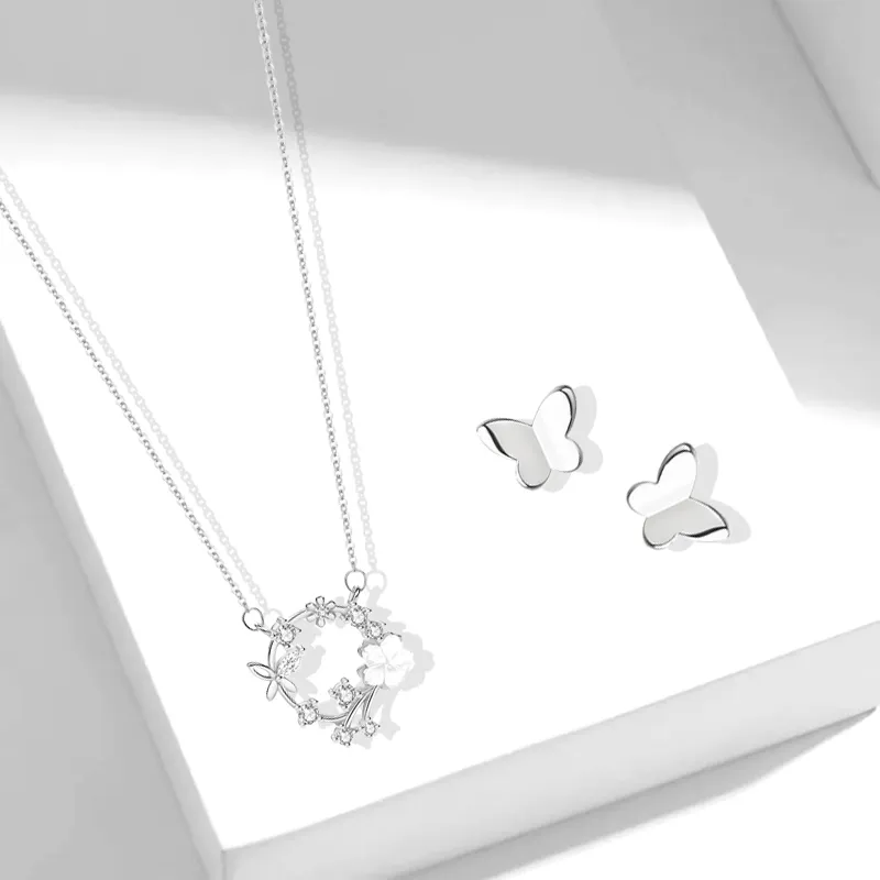 Muyan S925 Silver Cherry Blossom Butterfly Necklace Set Women's-2