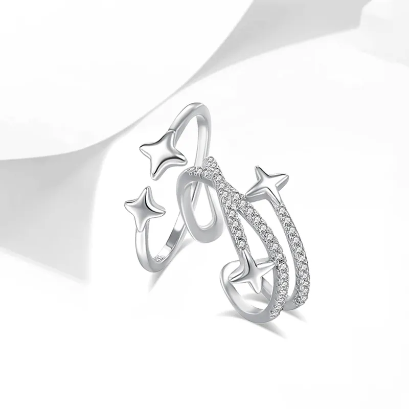 Muyan S925 Silver Four Pointed Star BFF Ring Women's-4