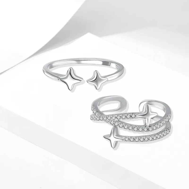 Muyan S925 Silver Four Pointed Star BFF Ring Women's-3