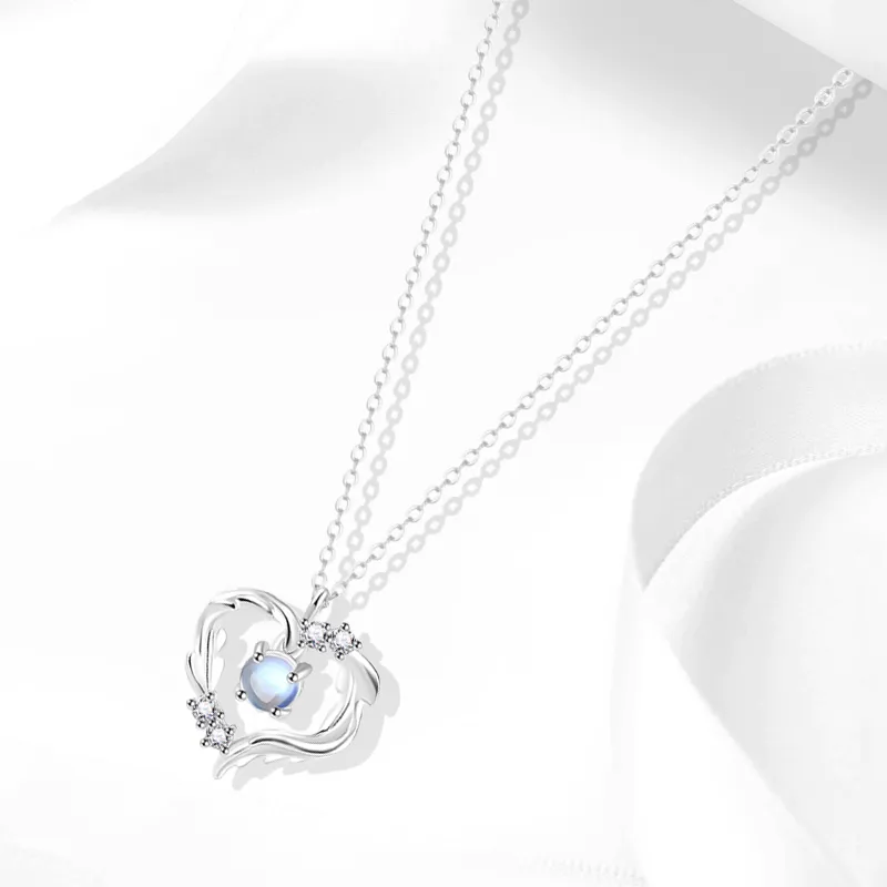 Muyan S999 Fine Silver Heart Feather Necklace Women's-1