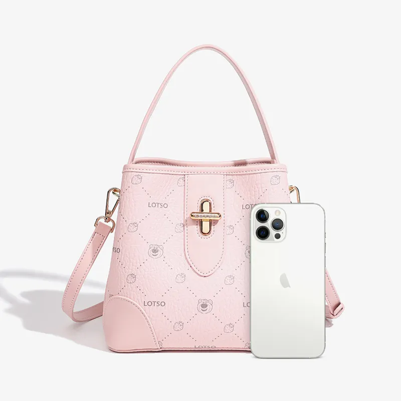 Disney Strawberry Bear Series PVC Bucket Bag Handbag Women's Strawberry Pink/Cream White-1
