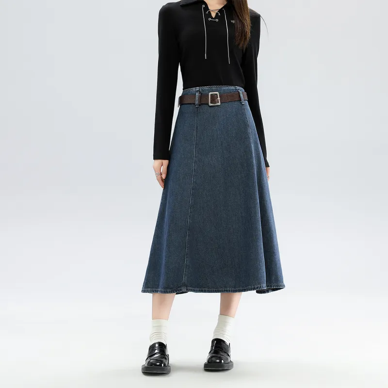 FAWENXIANGZI Denim Long Skirt Women's Blue-5