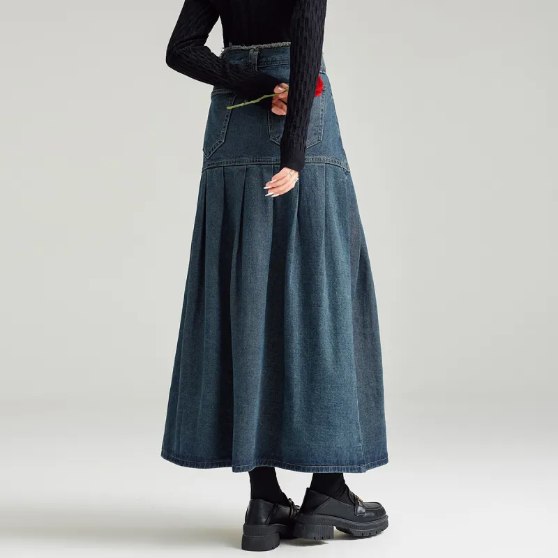 FAWENXIANGZI Denim Long Skirt Women's Vintage Blue-4
