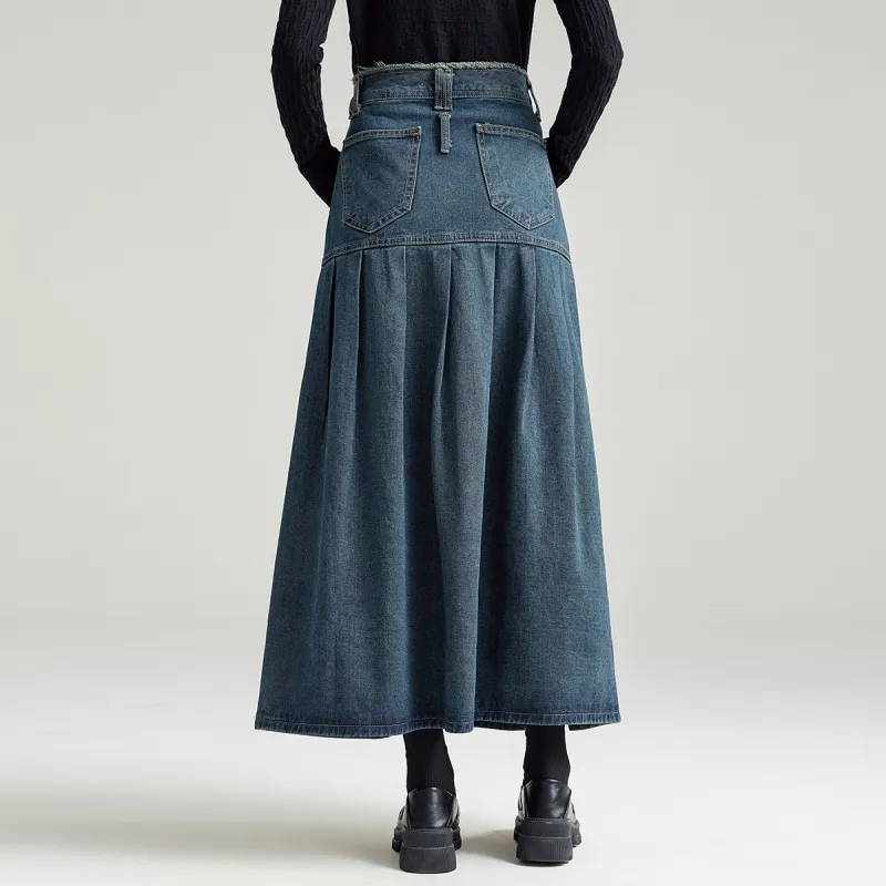 FAWENXIANGZI Denim Long Skirt Women's Vintage Blue-3