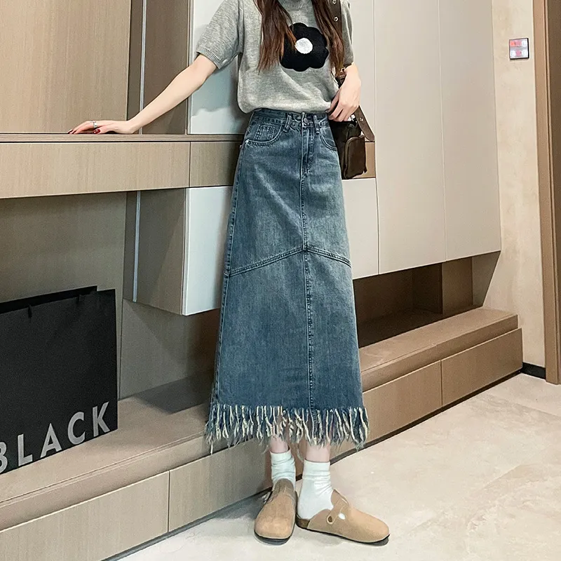 FAWENXIANGZI Denim Long Skirt Women's Vintage Blue-5