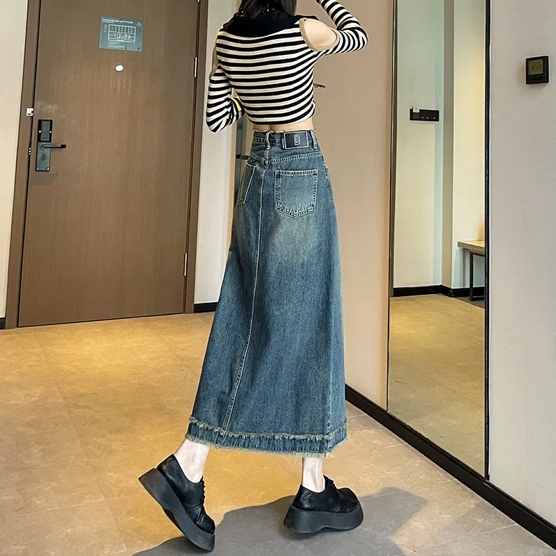FAWENXIANGZI Denim Long Skirt Women's-2