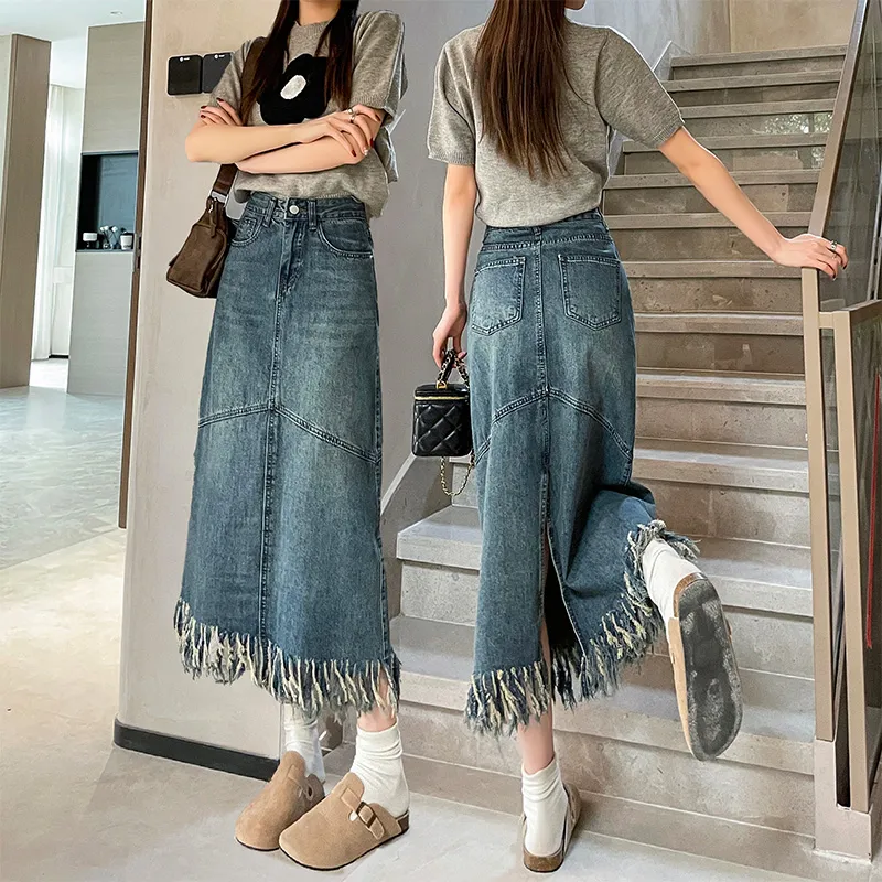 FAWENXIANGZI Denim Long Skirt Women's Vintage Blue-6