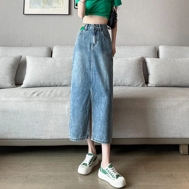 FAWENXIANGZI Denim Long Skirt Women's Vintage Blue-6