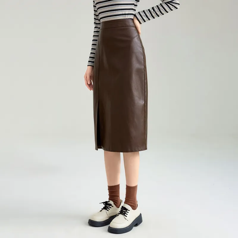 FAWENXIANGZI Leather Long Skirt Women's Coffee-3