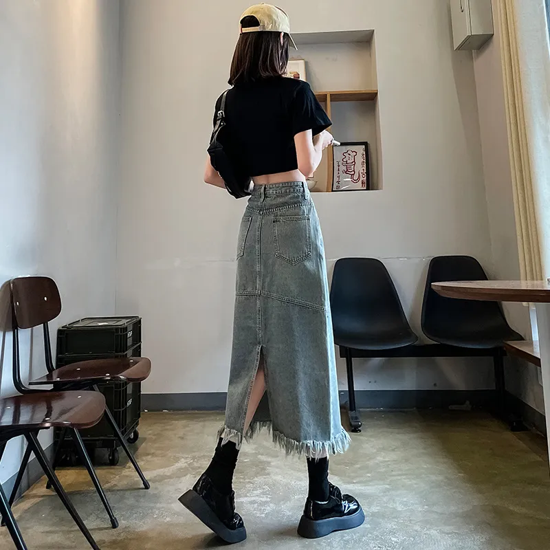 FAWENXIANGZI Denim Long Skirt Women's Blue-2