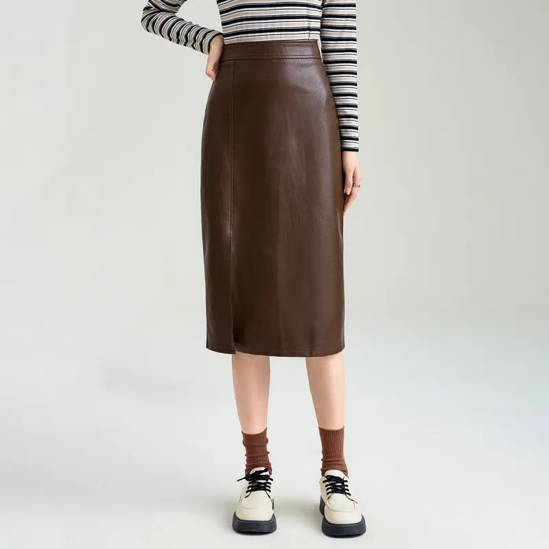 FAWENXIANGZI Leather Long Skirt Women's Coffee-4