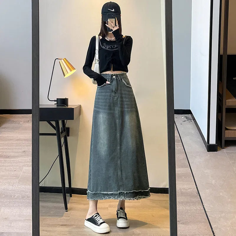 FAWENXIANGZI Denim Long Skirt Women's-5