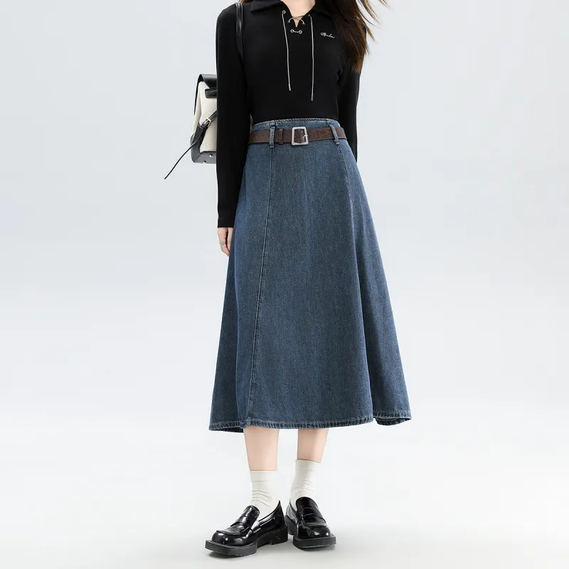 FAWENXIANGZI Denim Long Skirt Women's Blue-1