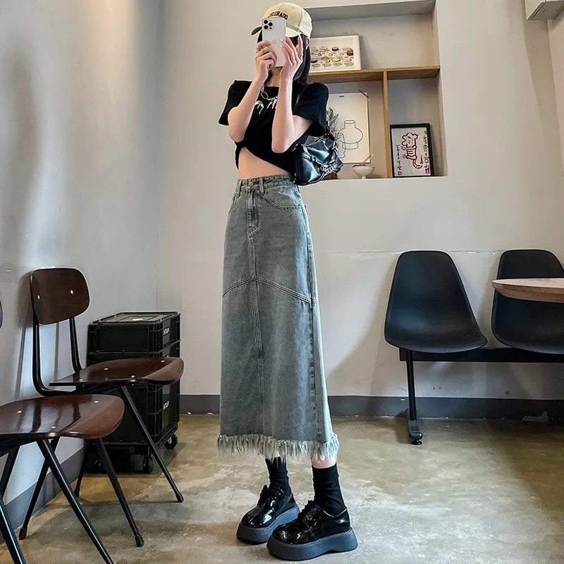 FAWENXIANGZI Denim Long Skirt Women's Blue-5