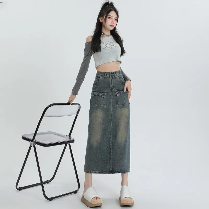 FAWENXIANGZI Denim Long Skirt Women's Nostalgic Blue-6