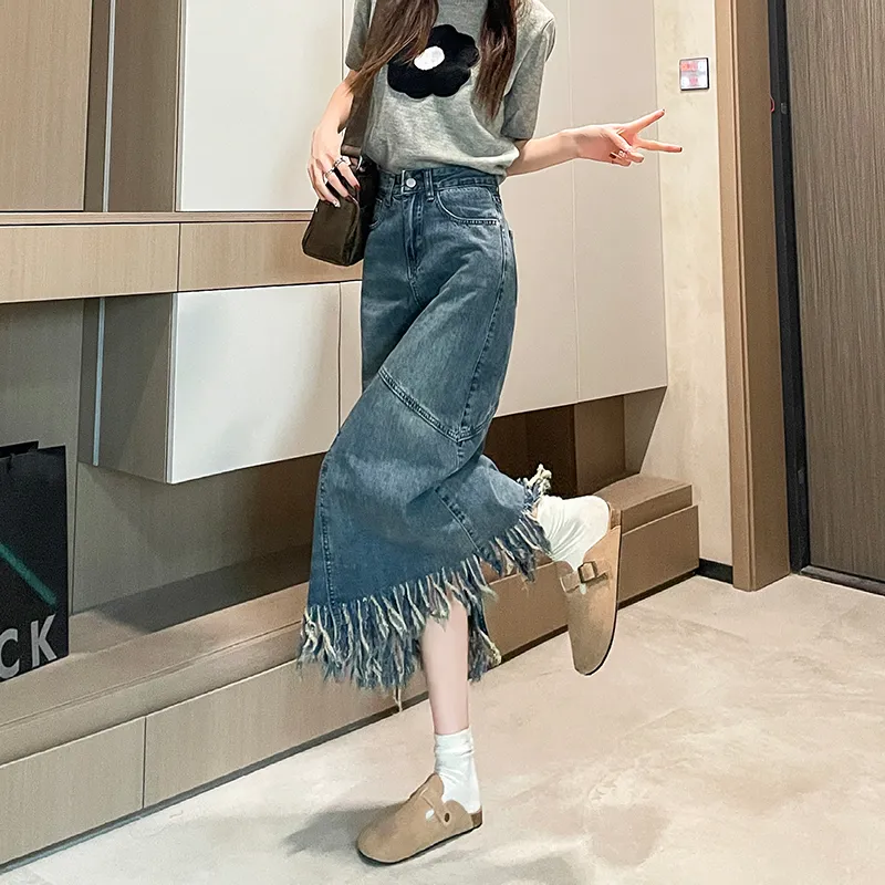 FAWENXIANGZI Denim Long Skirt Women's Vintage Blue-4