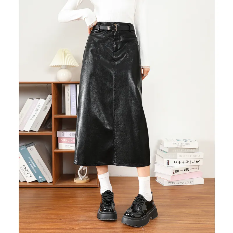 FAWENXIANGZI Leather Long Skirt Women's-2
