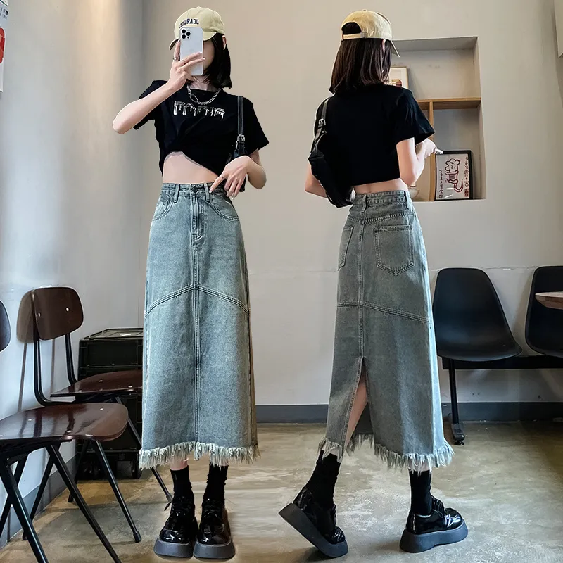 FAWENXIANGZI Denim Long Skirt Women's Blue-6