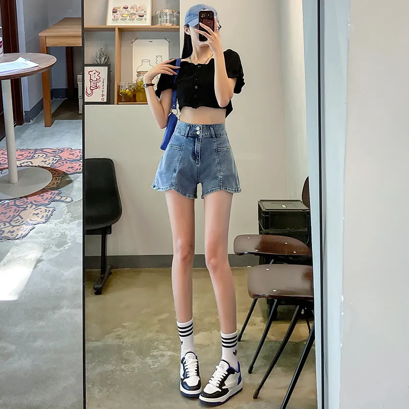 FAWENXIANGZI Denim Shorts Women's Vintage Blue-2