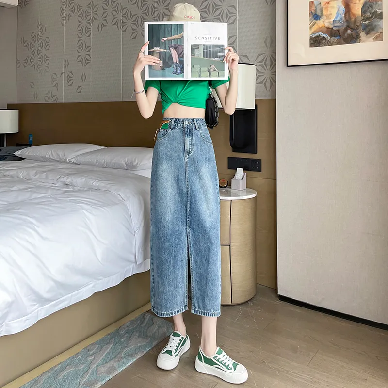 FAWENXIANGZI Denim Long Skirt Women's Vintage Blue-3
