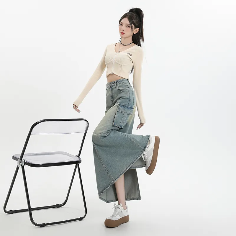FAWENXIANGZI Denim Long Skirt Women's Light Blue-1