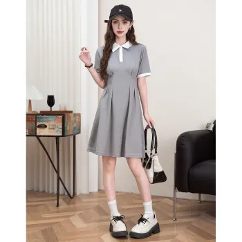 FAWENXIANGZI Short Sleeved Dress Cinched Waist Women's