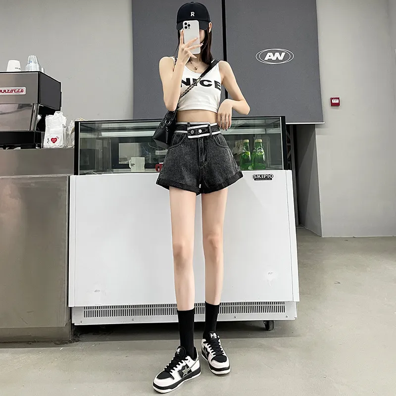 FAWENXIANGZI Denim Shorts Women's Smoke Gray-5