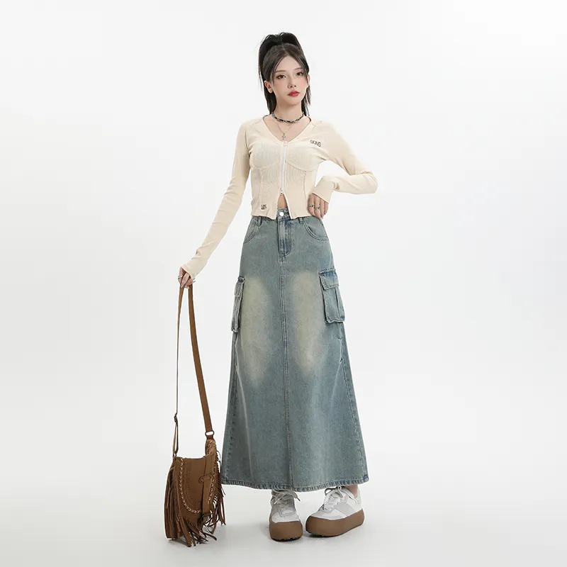 FAWENXIANGZI Denim Long Skirt Women's Light Blue-1