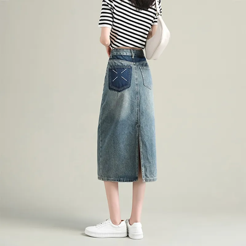 FAWENXIANGZI Denim Long Skirt Women's Vintage Blue-5