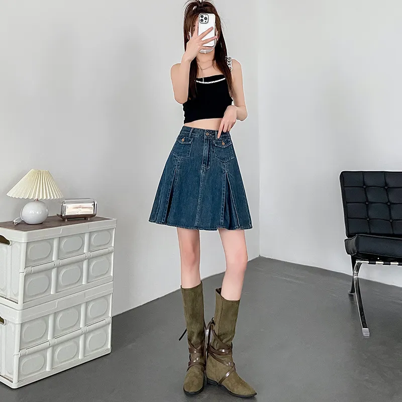 FAWENXIANGZI Denim Short Skirts Women's Vintage Blue-2