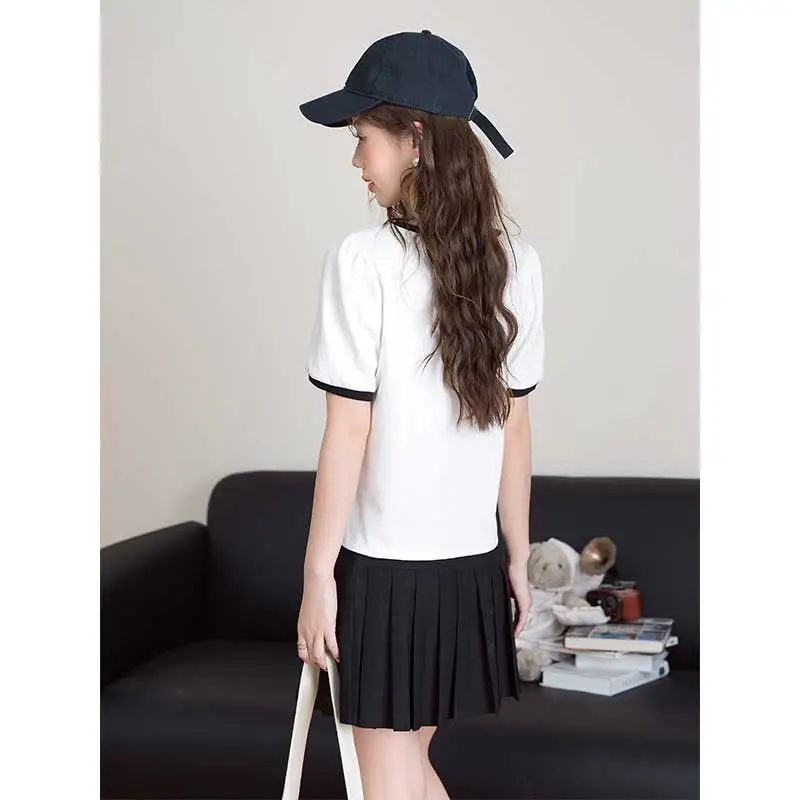 FAWENXIANGZI Summer Puff Sleeve T Shirt Women's White Straight-4